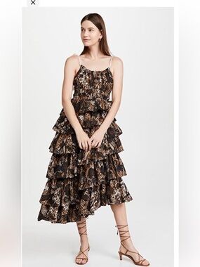 Ulla Johnson Estela Brown and Black Tiered Ruffle Batik Midi Dress